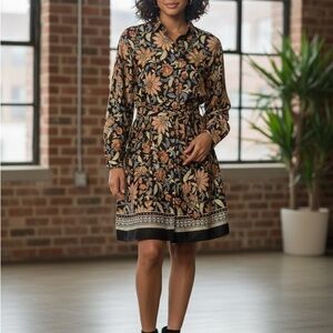 NWT MNG Black Multi Floral Boho Batik Print Mini Shirt Dress - Small